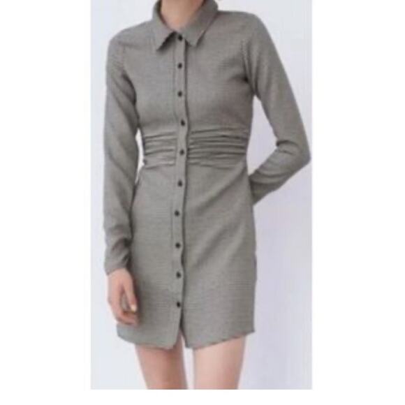 Zara Black and Creme Houndstooth Long Sleeve Mini Dress - Picture 7 of 7